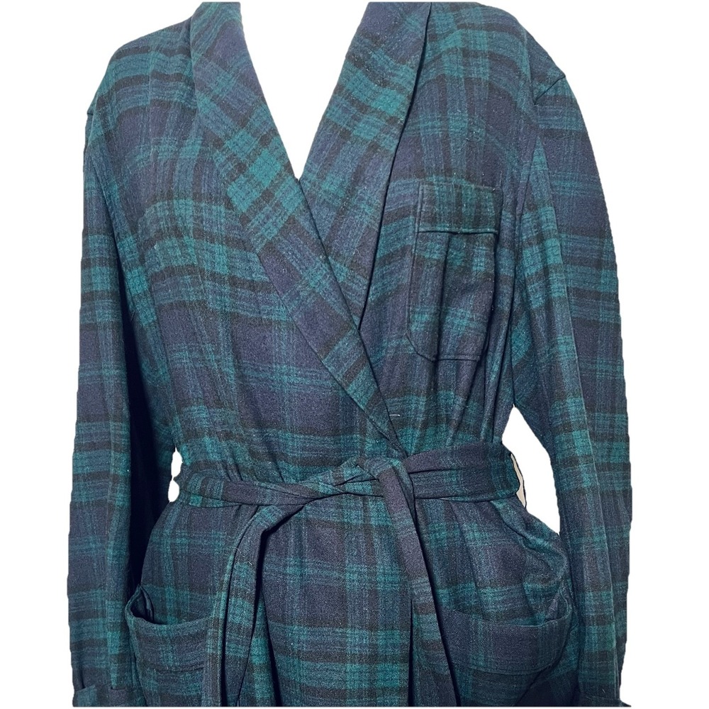 Vtg Pendleton Mills Bath Robe Blue Green Tartan Plaid Wool Shawl Collar USA L - Picture 2 of 9